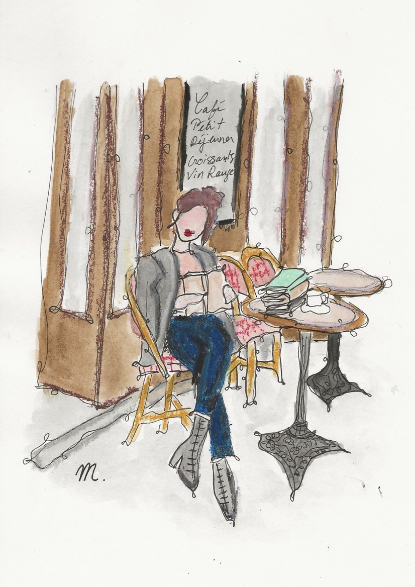 je lis trop illustration of a girl sitting in a cafe reading a book